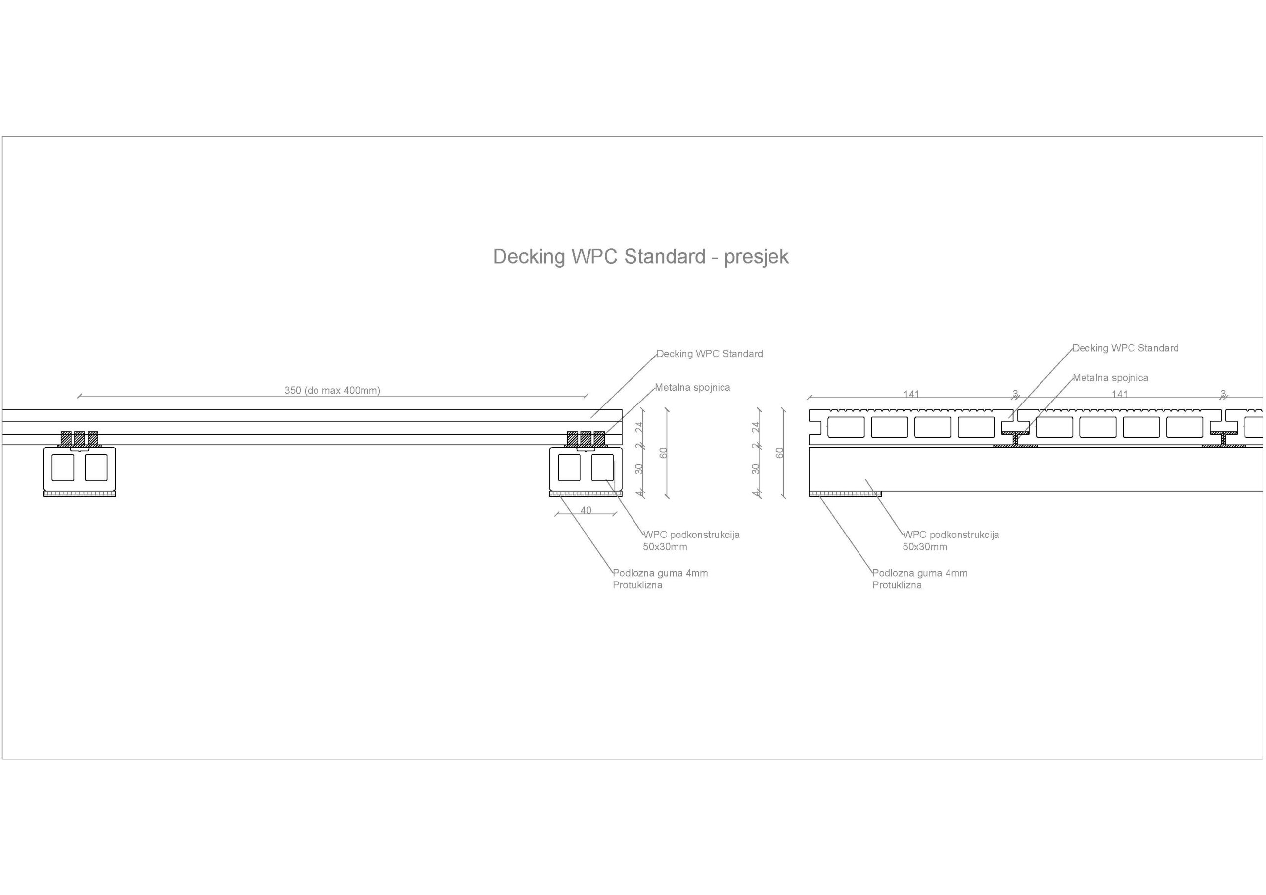 Presjek WPC Standard deckinga na betonskoj podlozi. Slojevi: AB ploča, podložna guma, podkonstrukcija, spojnica, WPC Standard decking daska.